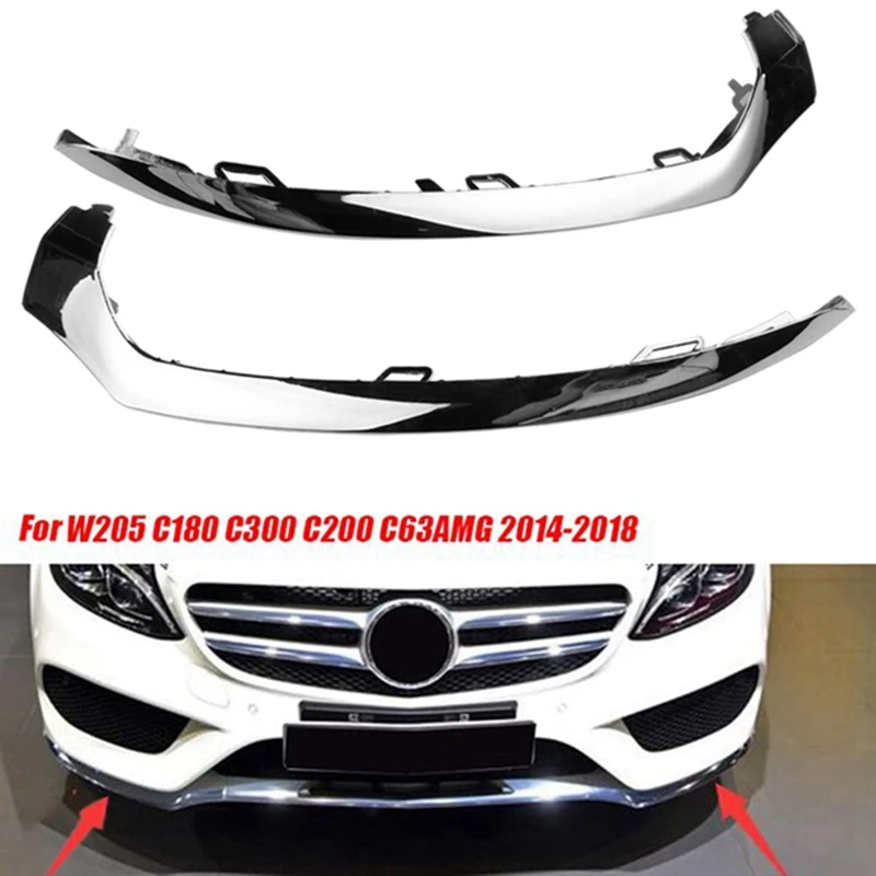 Left +Right Front Bumper Lower Lip Trim A2058851474 For Mercedes Benz W205 C180 C300 C63AMG 2014-2018 Chrome Lip Spoiler