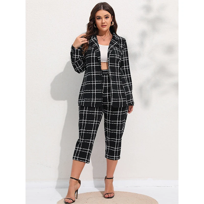 

Plus Size Women Blazers Plaid Button FrontSuits Workplace Sets Casual Blazer & Cropped Pants 2023 New Spring And Summer Clothing