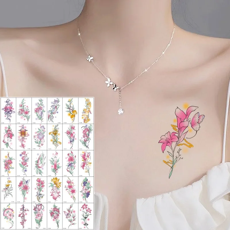 30pcs/set Tattoos Stickers for Summer Women Ladies Arm Chest Back Pink Flower Plant with Sword Grapes Butterfly Temporary Tattoo