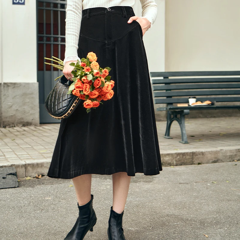 OLrain Women's Velvet Skirt Autumn 2026 Solid High-waist A-line Skirts Pocket Fashion Elegant Commute Female Clothing O23DB88122