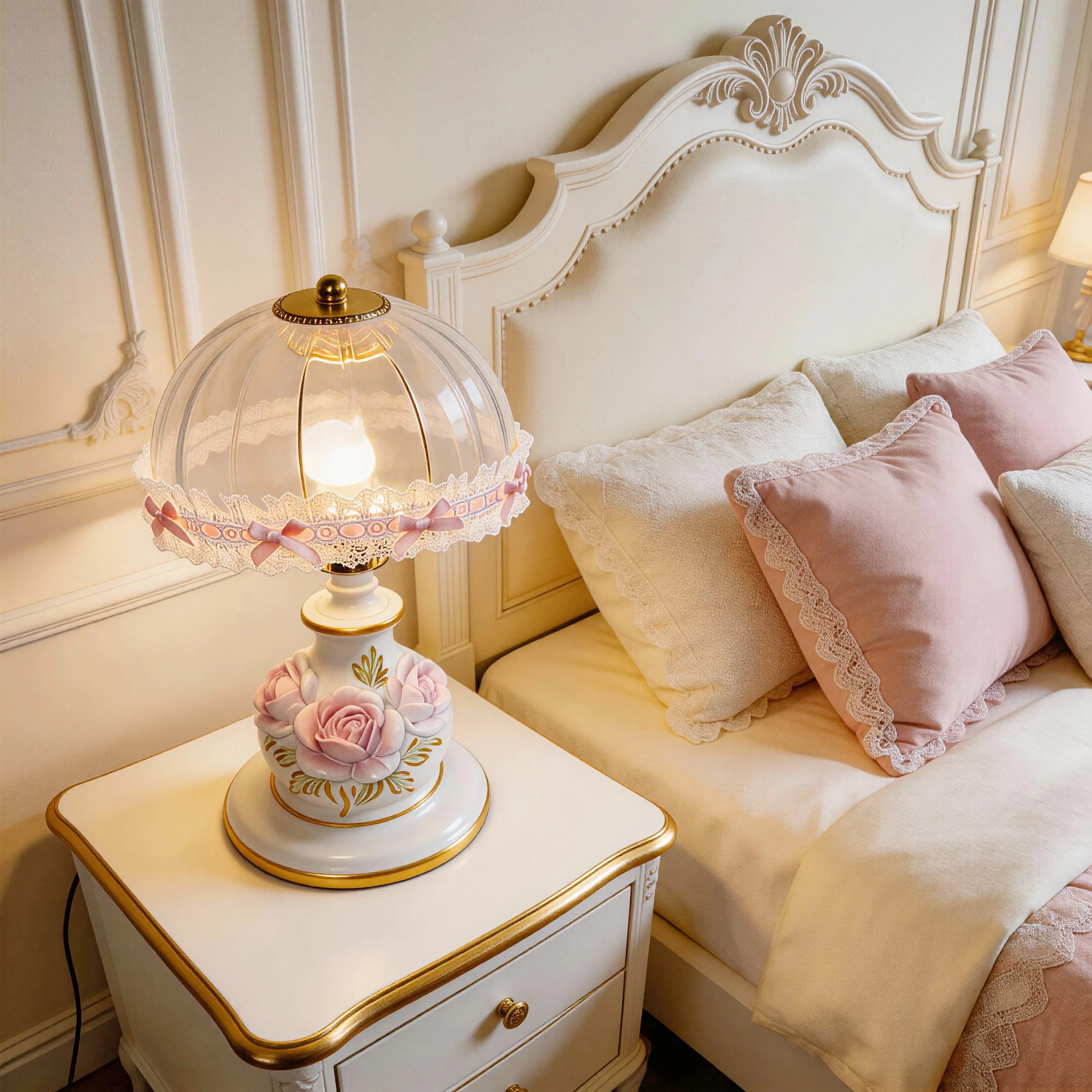 European retro desk lamp, bedroom bedside lamp, rose lace decoration, warm and romantic girl princess room