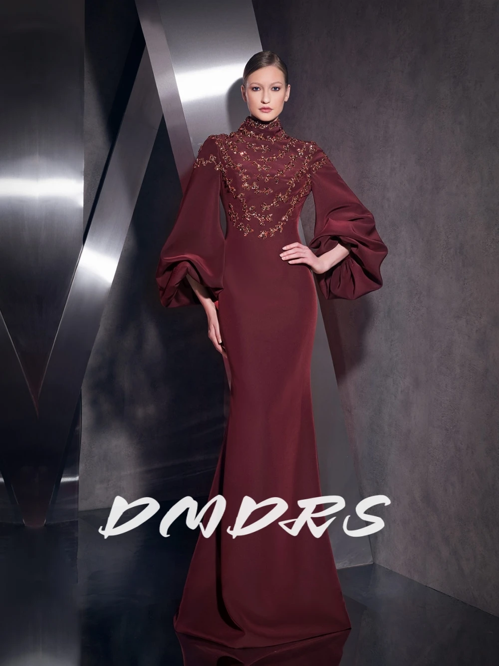 

Elegant Puff Sleeves Evening Dress Golden Details Modest High Neckline Prom Gown Of Mother Customized Charming Mermaid Soft Wear