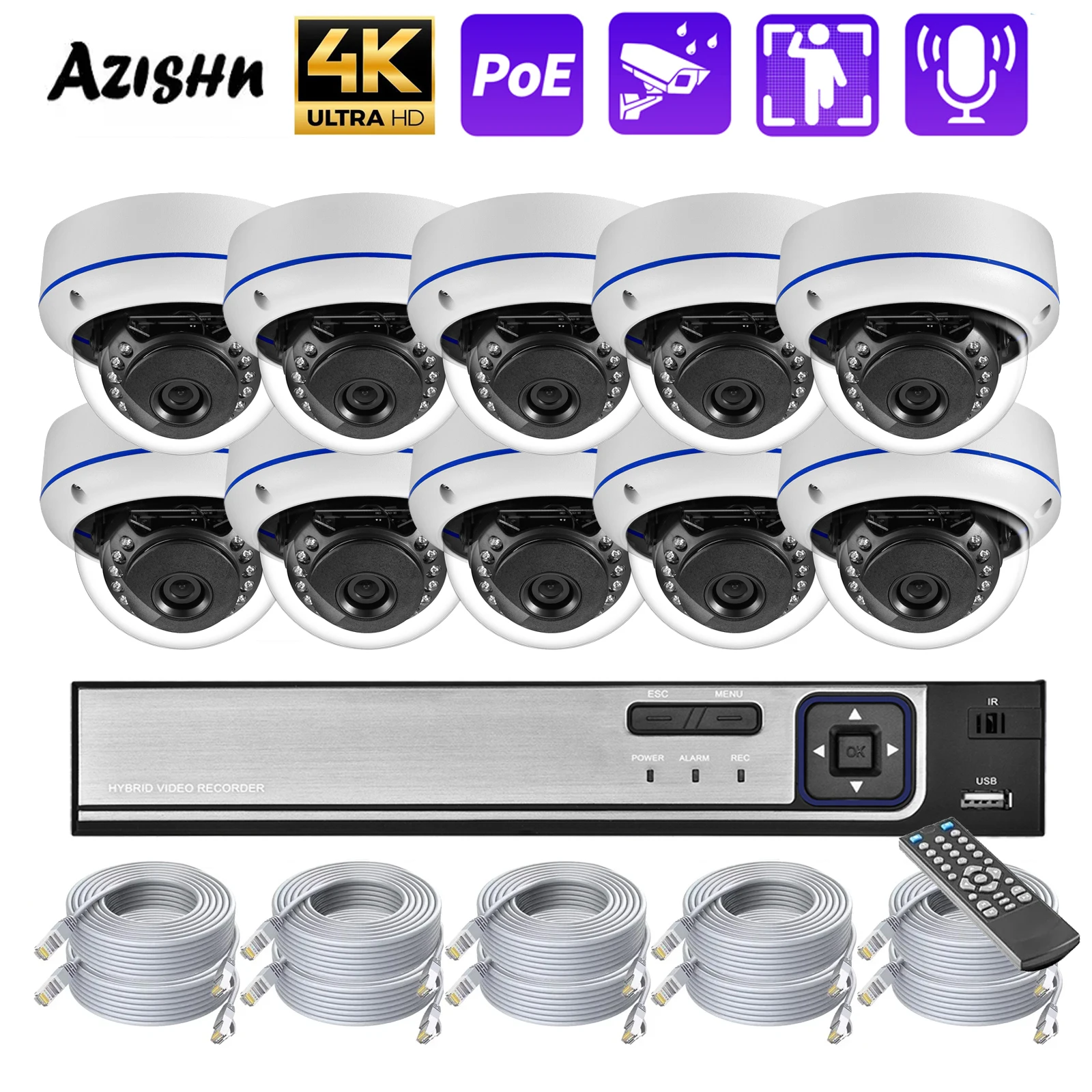 10CH 4K 8MP POE комплект камеры безопасности аудио обнаружение движения антивандальная уличная купольная камера 5MP 4MP CCTV защита наблюдения