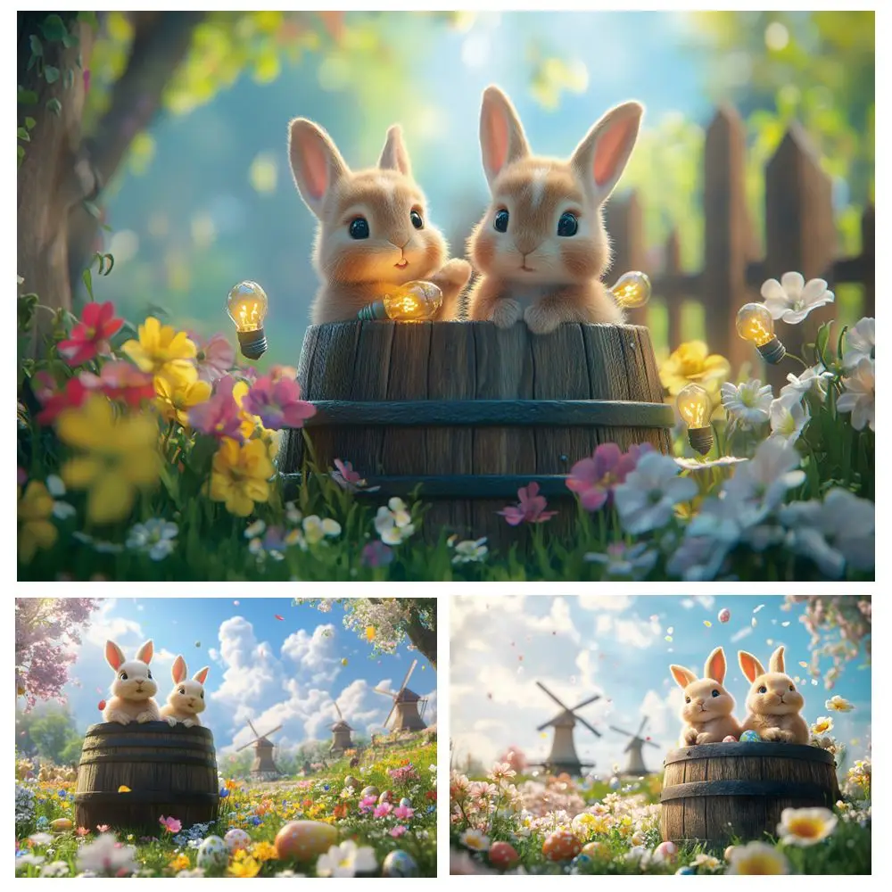 

Easter Wooden Vat Rabbit Backdrop Spring Nature Scenery Garden Flower Grass Baby Kid Portrait Photography Background Photostudio