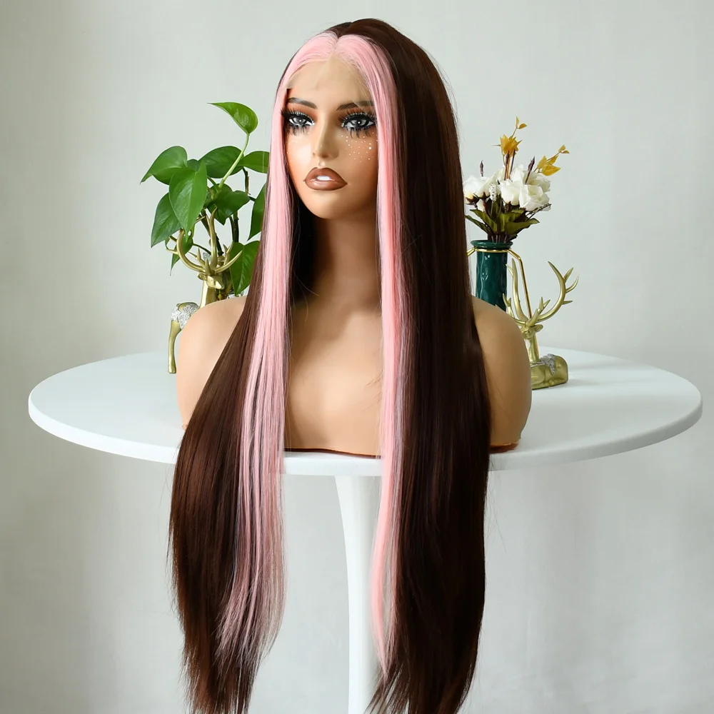 Pink Highlight Brown Wig 13x4 Lace Front Wig Brown Wig High Density Lace Wigs For Women Lace Frontal Wig Synthetic Wig