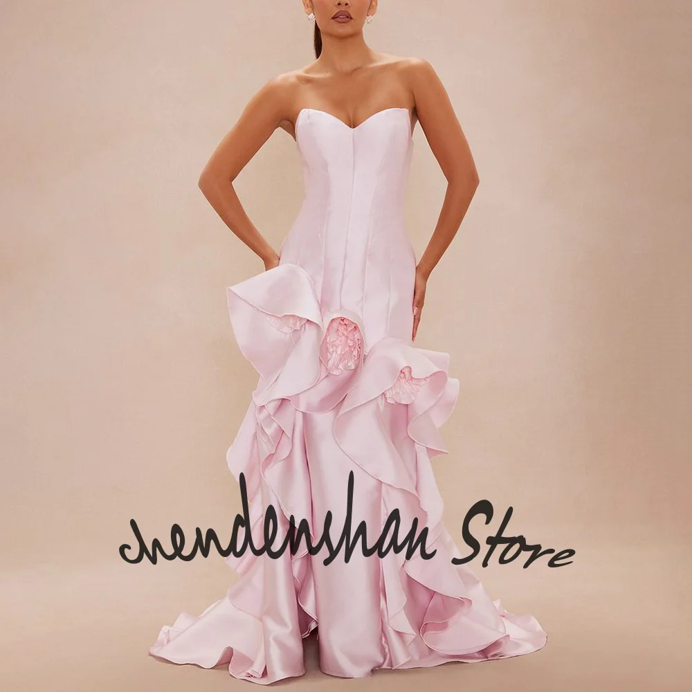 Moda rosa cetim feminino querida vestidos babados sereia vestido formal romântico 3d flor festa de formatura roupa