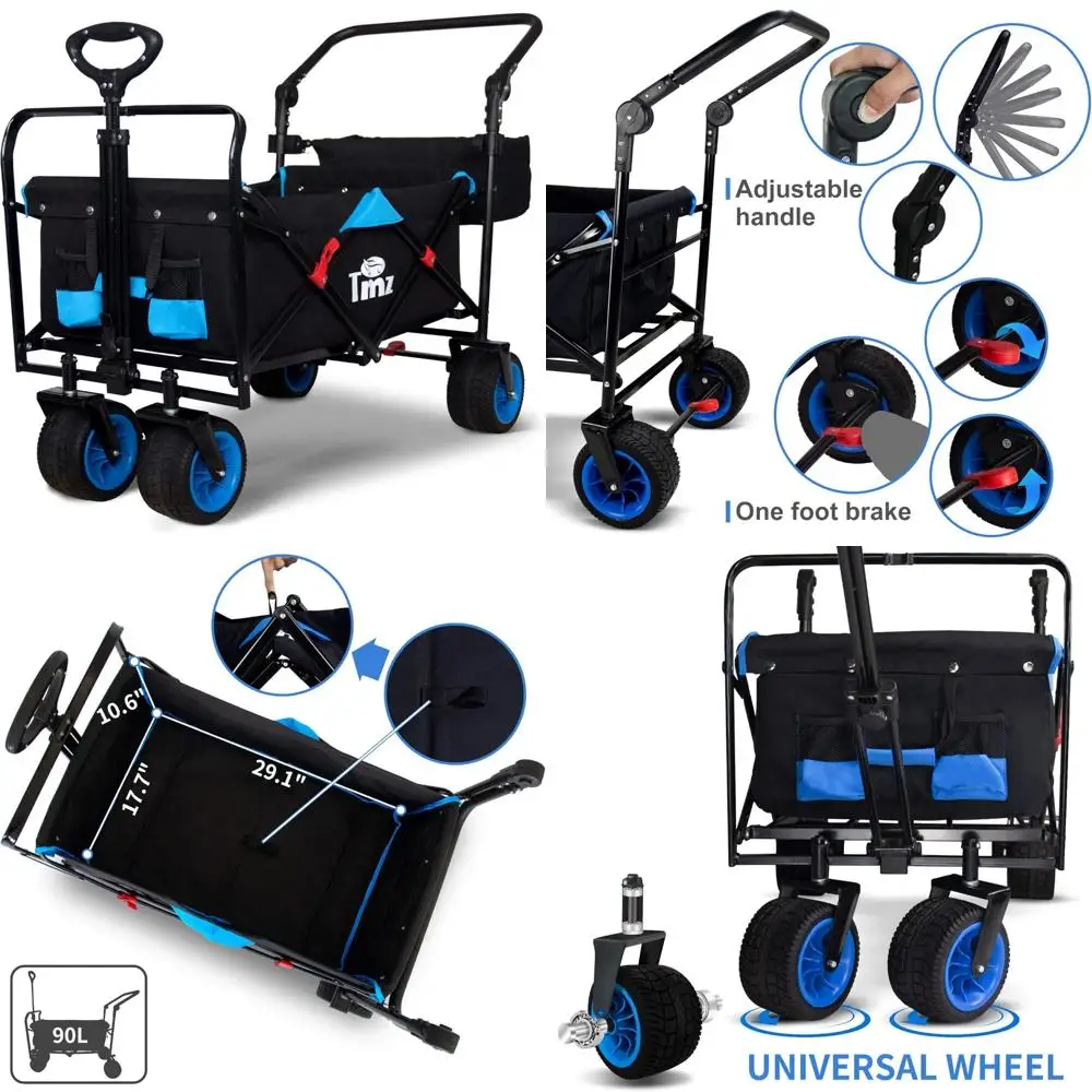 All-Terrain Wide-Wheel Folding Utility Wagon, Collapsible Garden Cart, Heavy-Duty Beach Trolley with Adjustable Handle