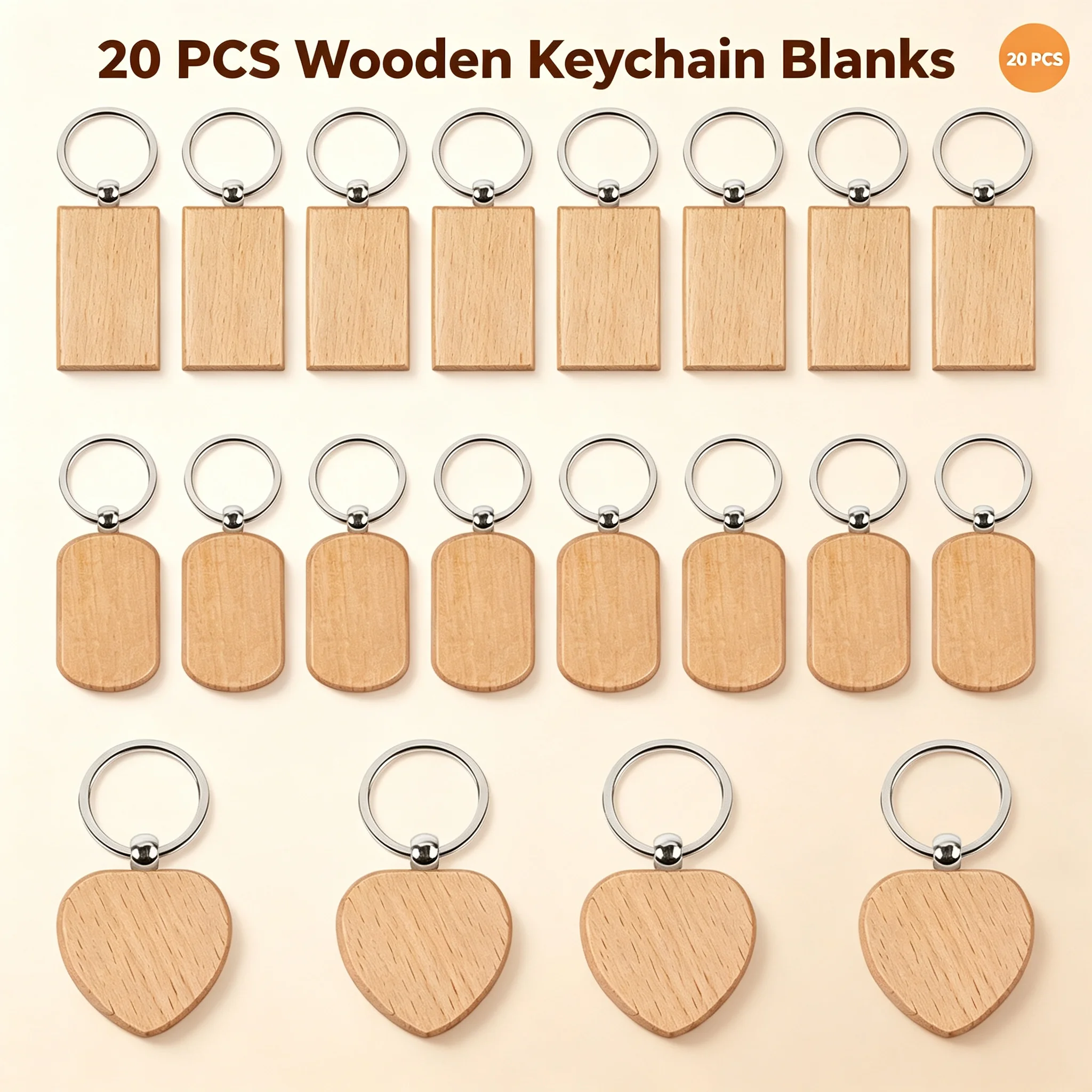20Pcs Unfinished Wooden Keychain Blanks with Key Rings Rectangle Heart Rounded Blank Wood Tags for Laser Engraving DIY Custom Gift Making Craft Supplies