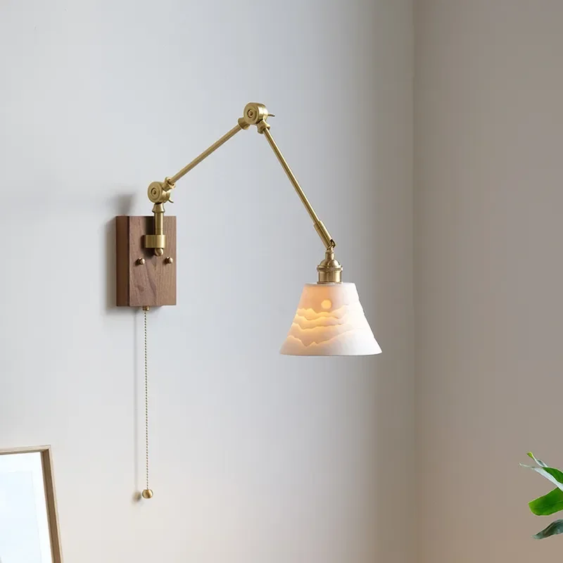 for New Medieval Bedroom Lamp Bedside Light French Retro Wabi Sabi Style All Copper Rocker Arm Retractable Living Room
