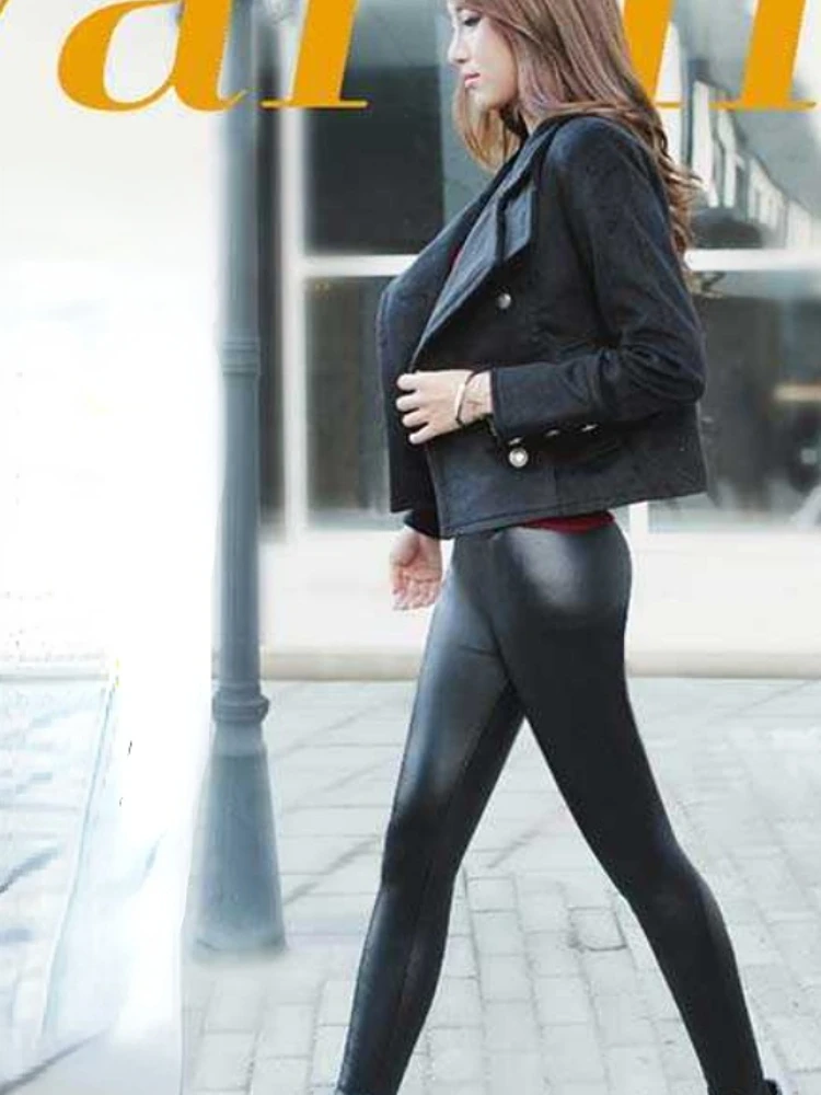 봄 가을 블랙 PU 인조 가죽 레깅스 따뜻한 슬림 스트레치 하이웨이스트 캐주얼 팬츠 타이츠 여성용 섹시 걸 레깅스