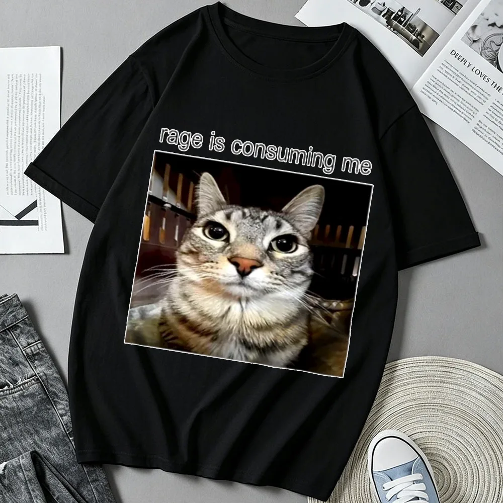 Rage Is Consuming Me Funny Angry Tabby Cat Meme Graphic Print Cotton T‑Shirt Casual Loose Streetwear Top Humorous Internet Tees
