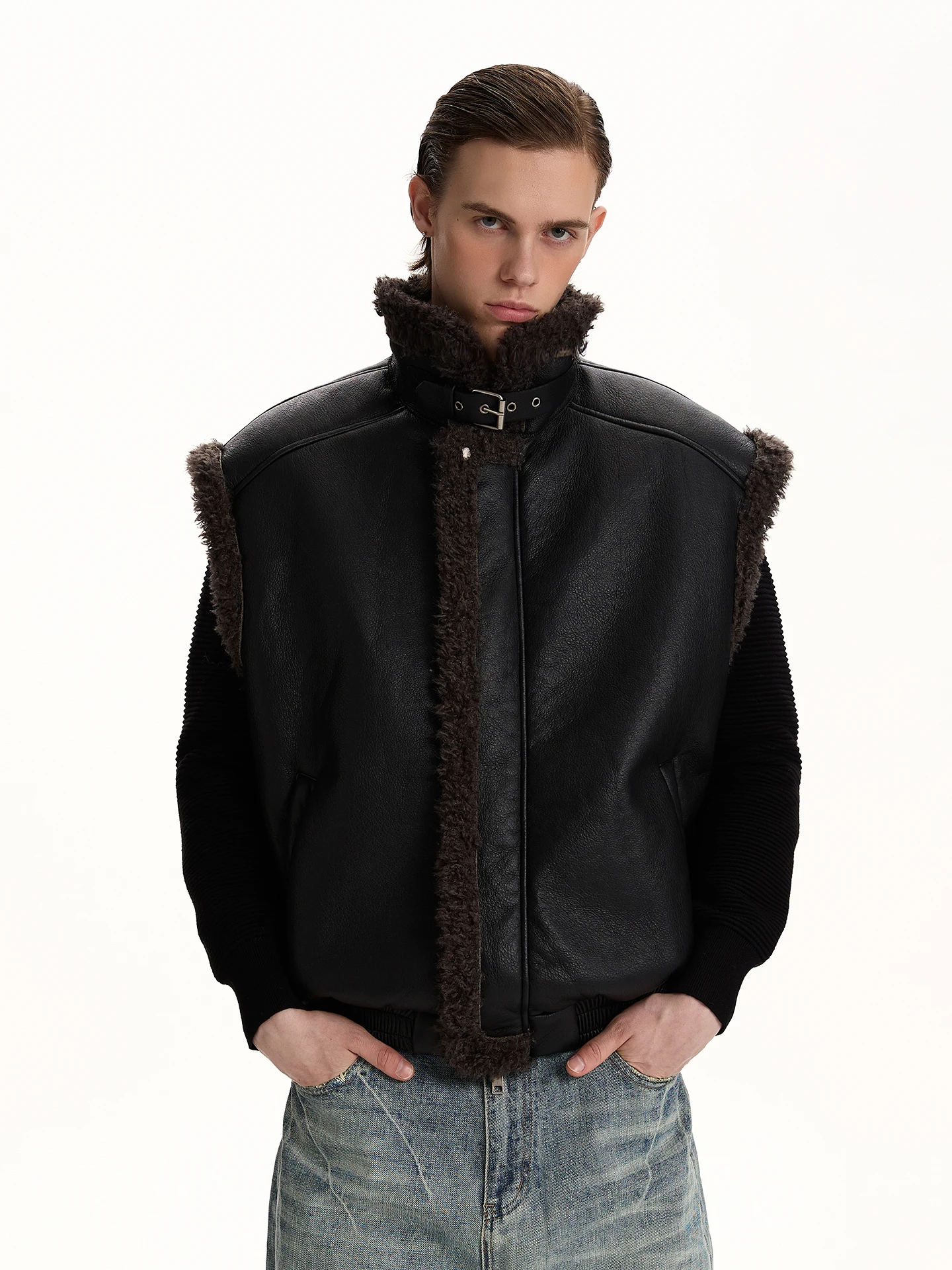 

Американский ретро-жилет PUEE с воротником-стойкой, поясом, теплый, осенне-зимний, высококачественный, универсальный, из овечьей шерсти, модный, молодежный, повседневный, для активного отдыха...