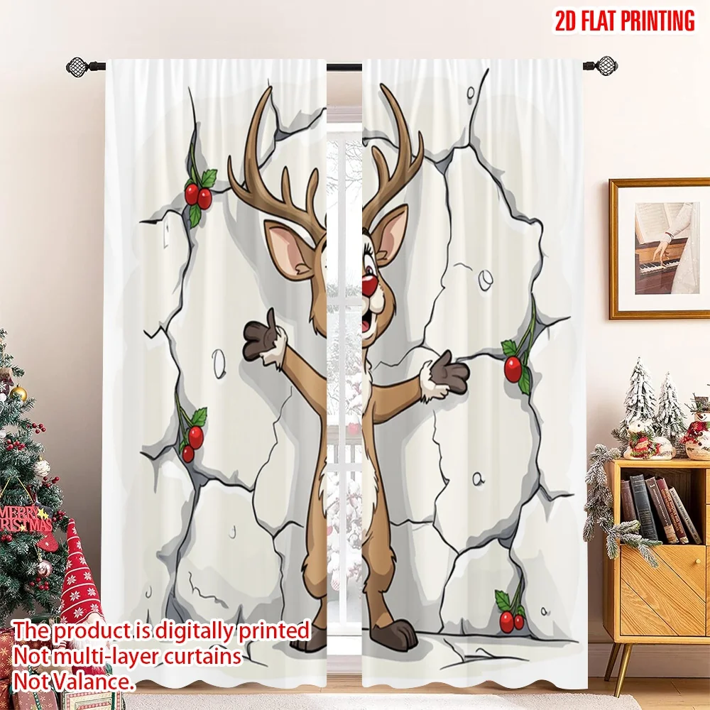 

2pcs 2D flat printing Merry Christmas Popular Curtains Christmas reindeer breaking wall Fabric Without Electricity Party &