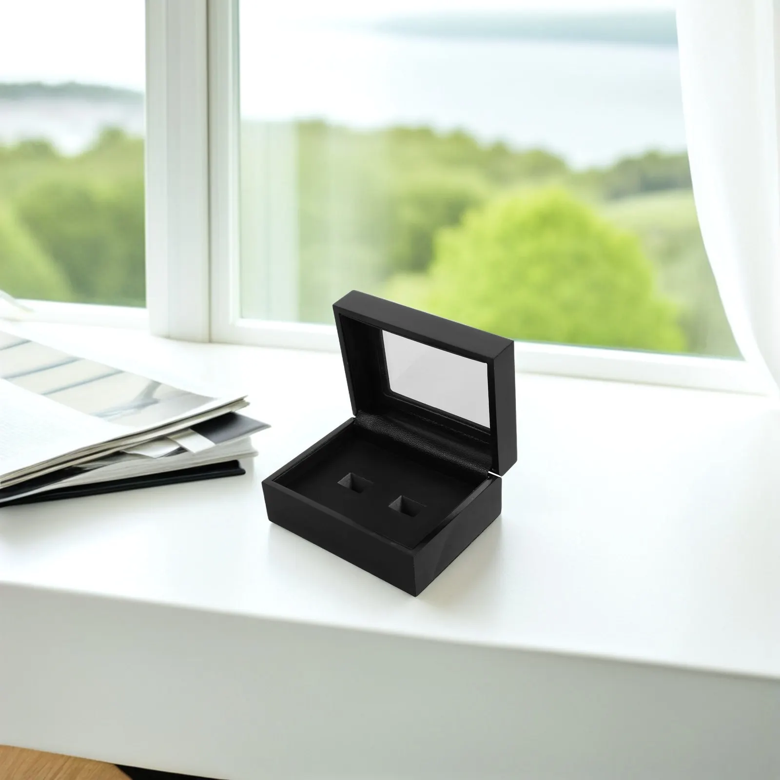 

Wooden Jewelry Box Elegant Black Ring Display Case for Engagement Championship Wedding Rings Portable Jewelry Showcase Storage