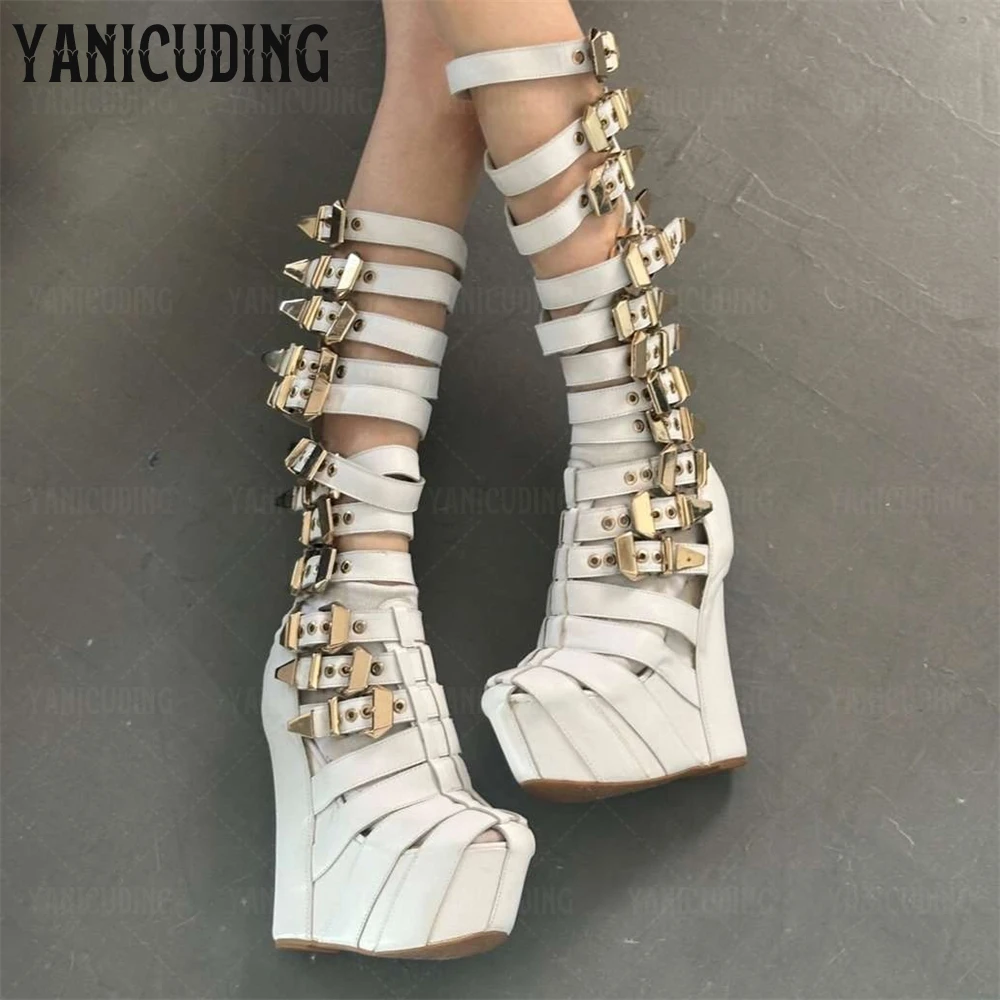 

Platform Cage Sandal Boots Multiple Buckle Wedge Boots Designer Style Summer Knee High Boots Black White Leather Boots for Women