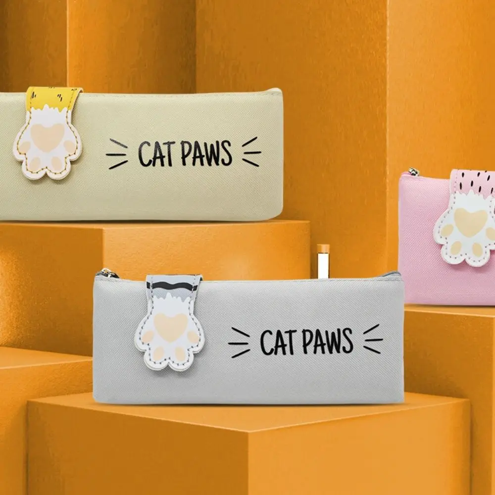 Cute Cat's Paw Cartoon Pencil Case Large Capacity Zipper Stationery Storage Bag Light Weight Nylon and PU Pencil Pouch School