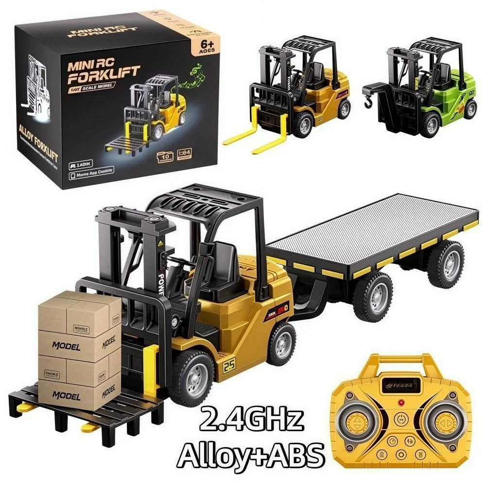

1:64 Bluetooth RC Crane & Forklift Truck, 2-in-1 Mini Alloy Construction Vehicle with Trailer, Desktop Toy Gift