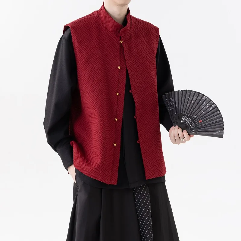 

Осенний национальный модный повседневный жаккардовый жилет с медной пряжкой и геометрическим рисунком в китайском стиле с воротником-стойкой без рукавов, костюм Тан, куртка, жилет