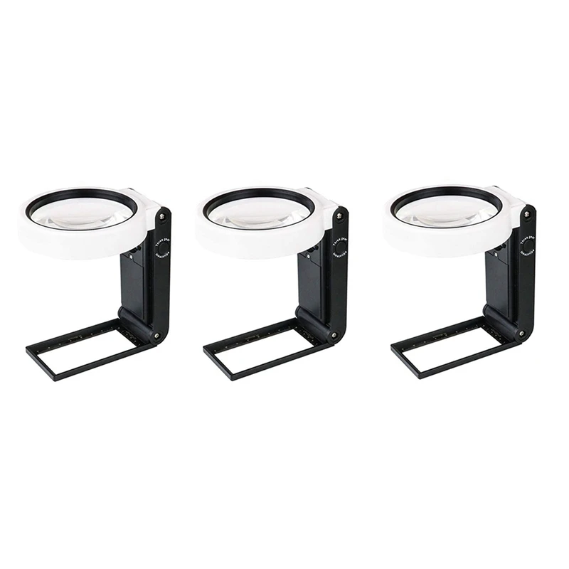 

HOT SALE 3Pcs Magnifying Glass With Light And Stand, Hands Free Handheld 6X 25X Adjustable Folding Magnifier With LED Lighted