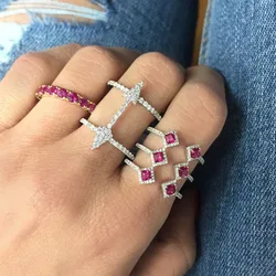 square geometric  shape green red blue cubic zirconia silver color wedding engagement ring for women
