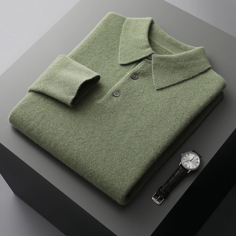 Autumn and winter POLO neck long sleeve solid color cashmere sweater men's high-end business new 100% pure wool knitted sweater