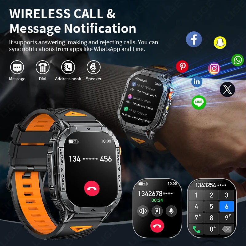 LIGE Military Smart Watch Men 2.13inch AMOLED Screen 480mAh Battery LED Flashlight Heart Rate Bluetooth Call Smartwatch Outdoor