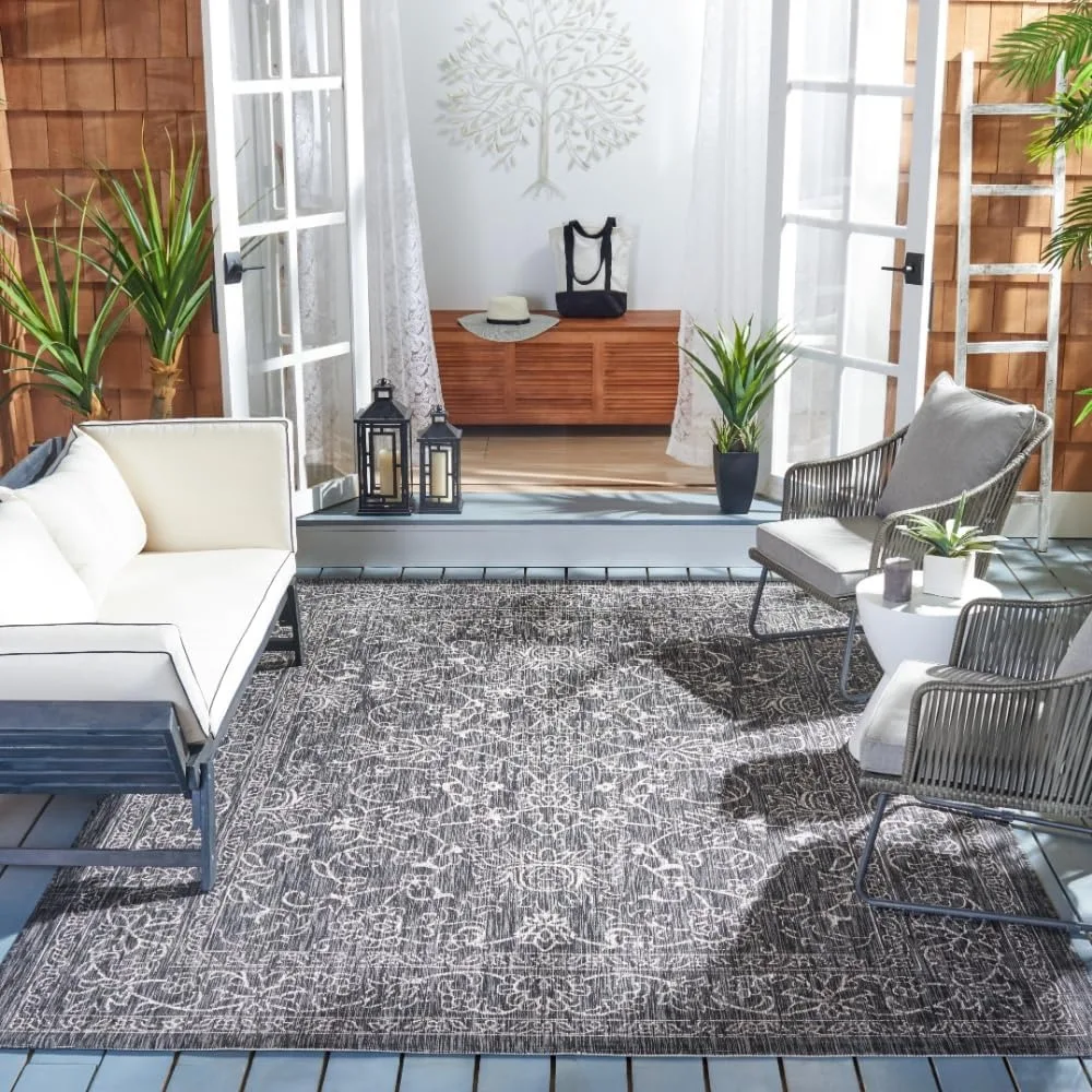 

Courtyard Collection 8' x 10' Black/Ivory CY8680 Indoor-Outdoor Waterproof Easy-Cleaning Patio Backyard Mudroom Area-Ru