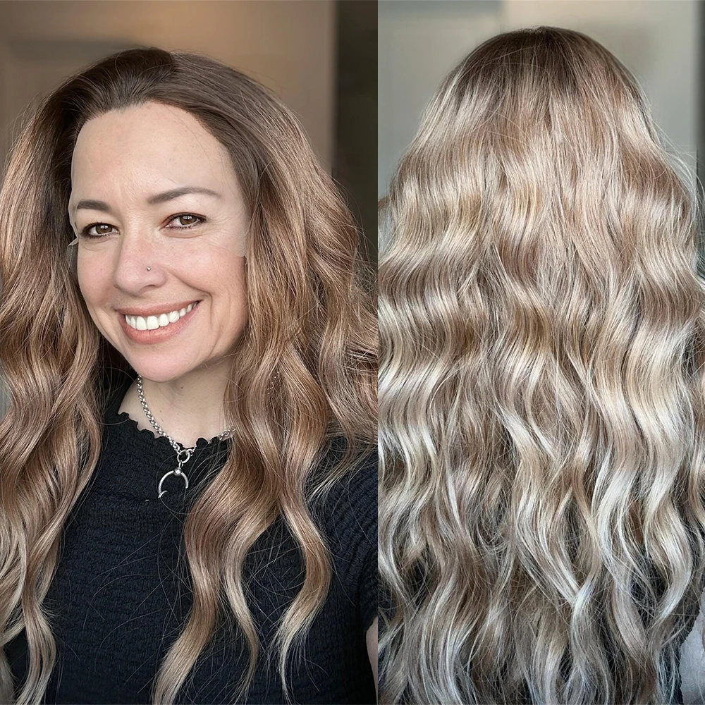 

Натуральный синтетический парик с кружевной передней частью, 26 дюймов, длинный, волнистый, с естественной линией роста волос, блонд-балаяж, термостойкое волокно, без клея, для женщин