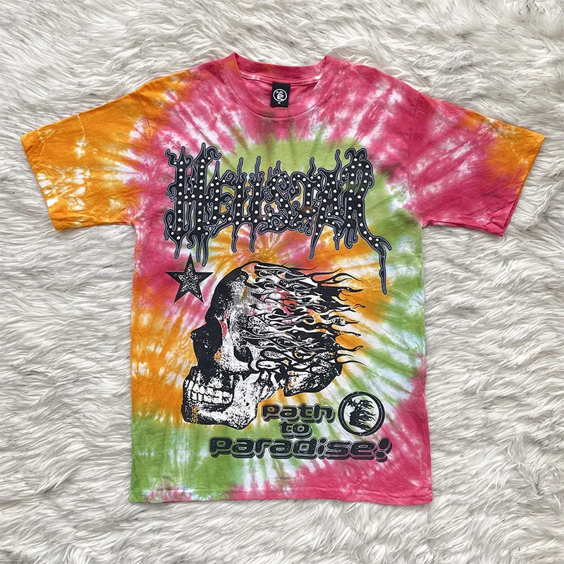 Hellstar Studios Ins Skeleton Head Tie Dye Unisex Short Sleeve T Shirt Youth Fashion Spring 2024 round Neck Basic Style