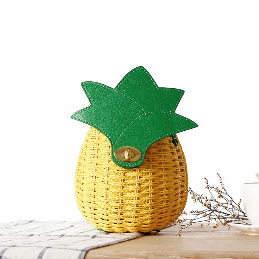 

Pineapple Shaped Handmade Rattan Woven Straw Bag Summer Women Messenger Crossbody Bags Girls Small Beach Handbag Yellow Bags New