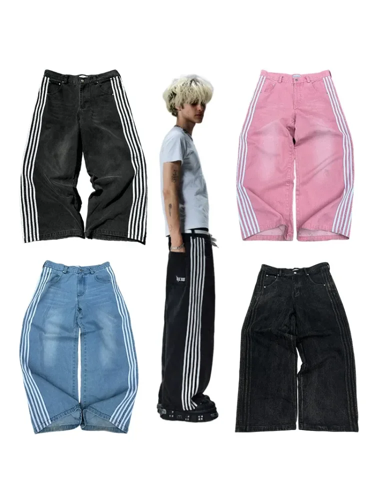 

Y2K Baggy Jeans Men Women Simple Striped Embroidered Harajuku Sweatpants Hip Hop Streetwear Casual Retro Wide Leg Denim Pants