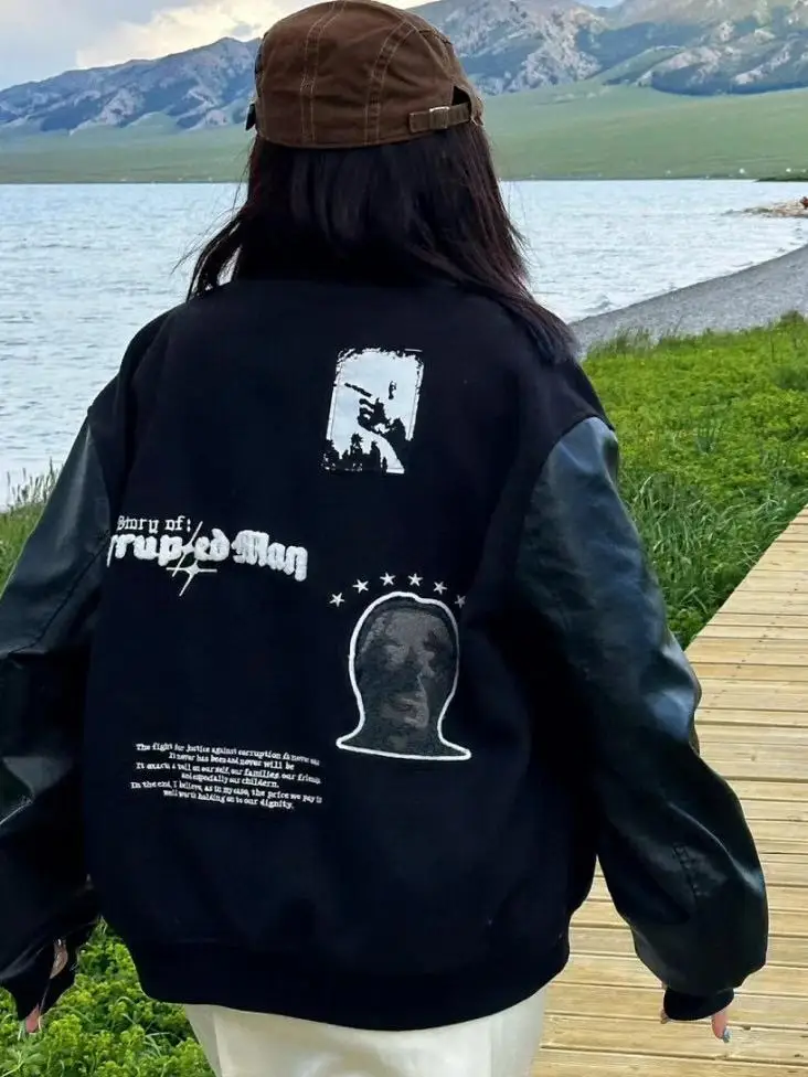 

Ailz Project Baseball Jaet Тяжелая вышивка Слоган Кожаный све Верхняя одежда Youth Faion Warmth Long Sve Baseball Co...