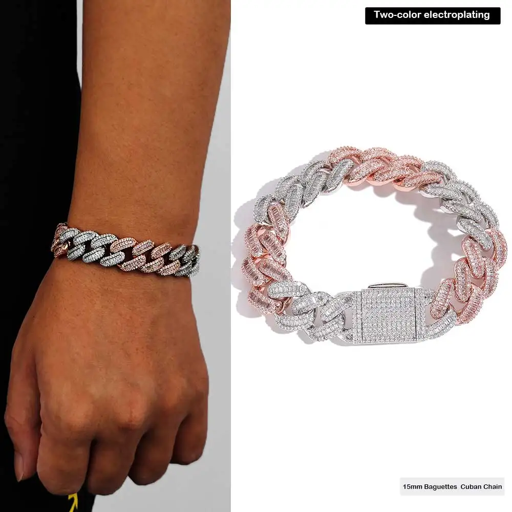 

Браслет Miami Cuban Link 15 мм, двухцветный, полностью инкрустированный стразами, прямоугольные фианиты 5А, хип-хоп украшение, подарок для мужчин и женщин