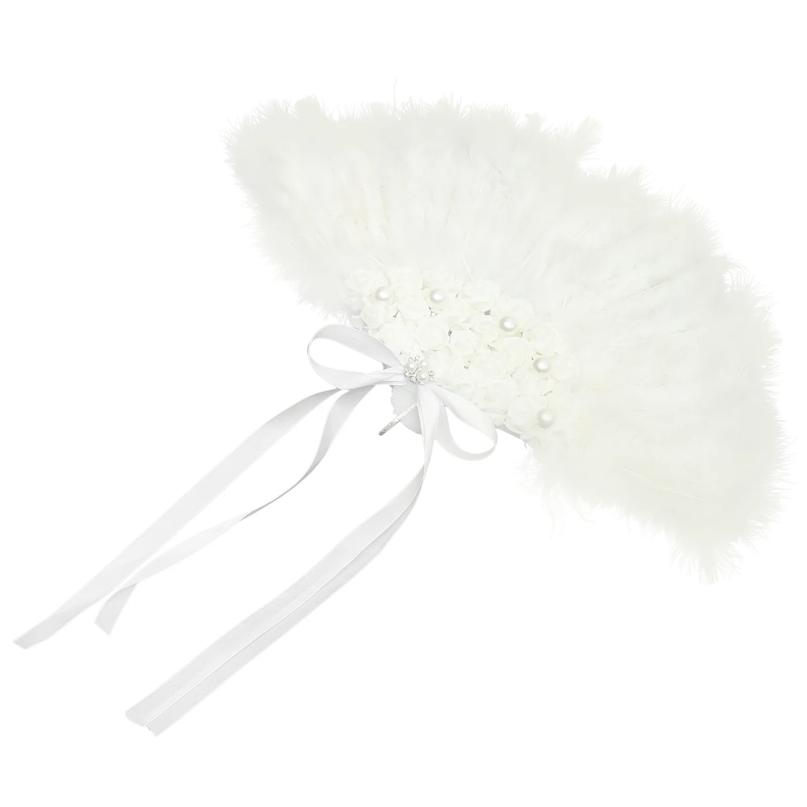 

Delicate Plume Wedding Fan with Rose Design Bridal Lace Folding Handheld for Outdoor Ceremony Party Decoration