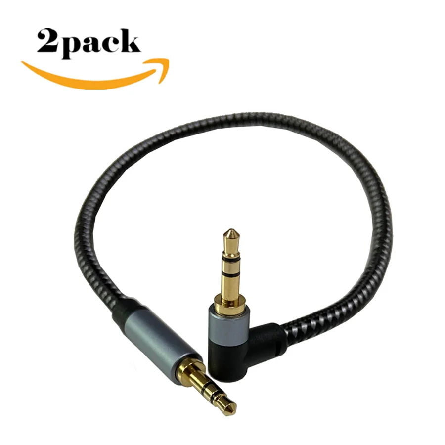 2Pack 90 Degree Right Angle 3.5mm Gold Plated Nylon Braided HiFi Audio Male to Male Aux Stereo Cable 0.3m