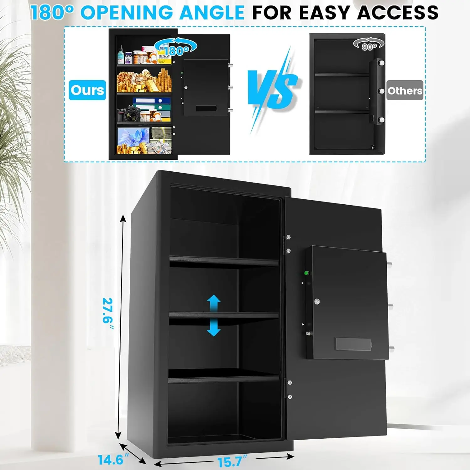 6.0 Cubic Large Home Safes Water and Fireproof, Anti-Theft Safe Box with Alarm System, Spare Key, Mute Function and Removable Sh