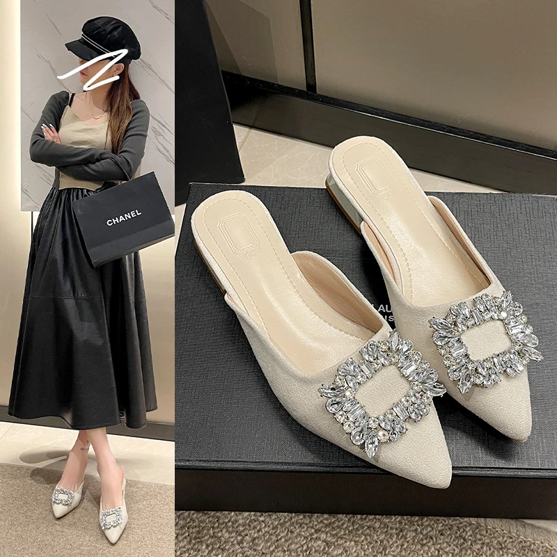 

Slipper Outer Wear Female Spring Summer Pointed Shallow Mouth Man-made Diamond Buckle Flat Muller Lazy New Leisure Slippers