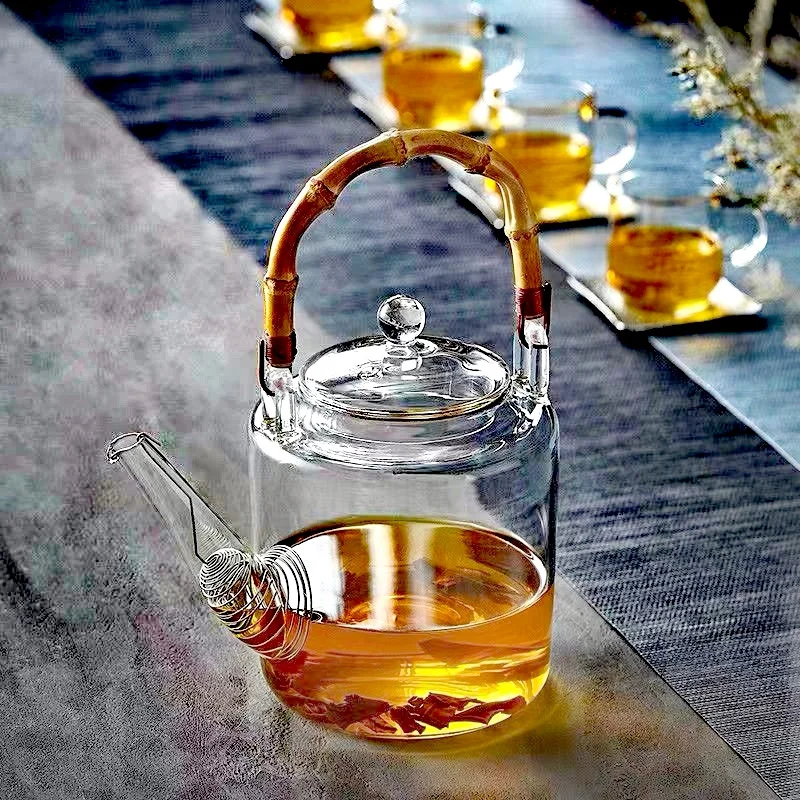 

1350ml Bamboo Handle Beam Tea Pot Heat Resistant Glass Teapot With Filter Flower Tea Kettle Kungfu Lifting Beam Tea Pot Teaware