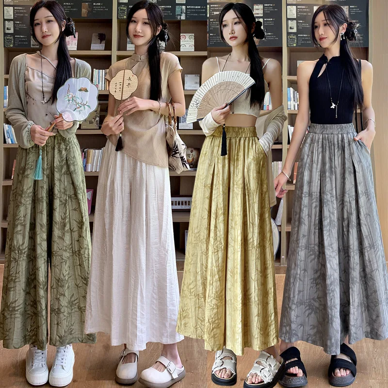 Women Summer Cool Wide Leg Pants Imitation Cotton Linen Literary Retro Pantalones Elastic Waist Straight Leg Trousers Culotte