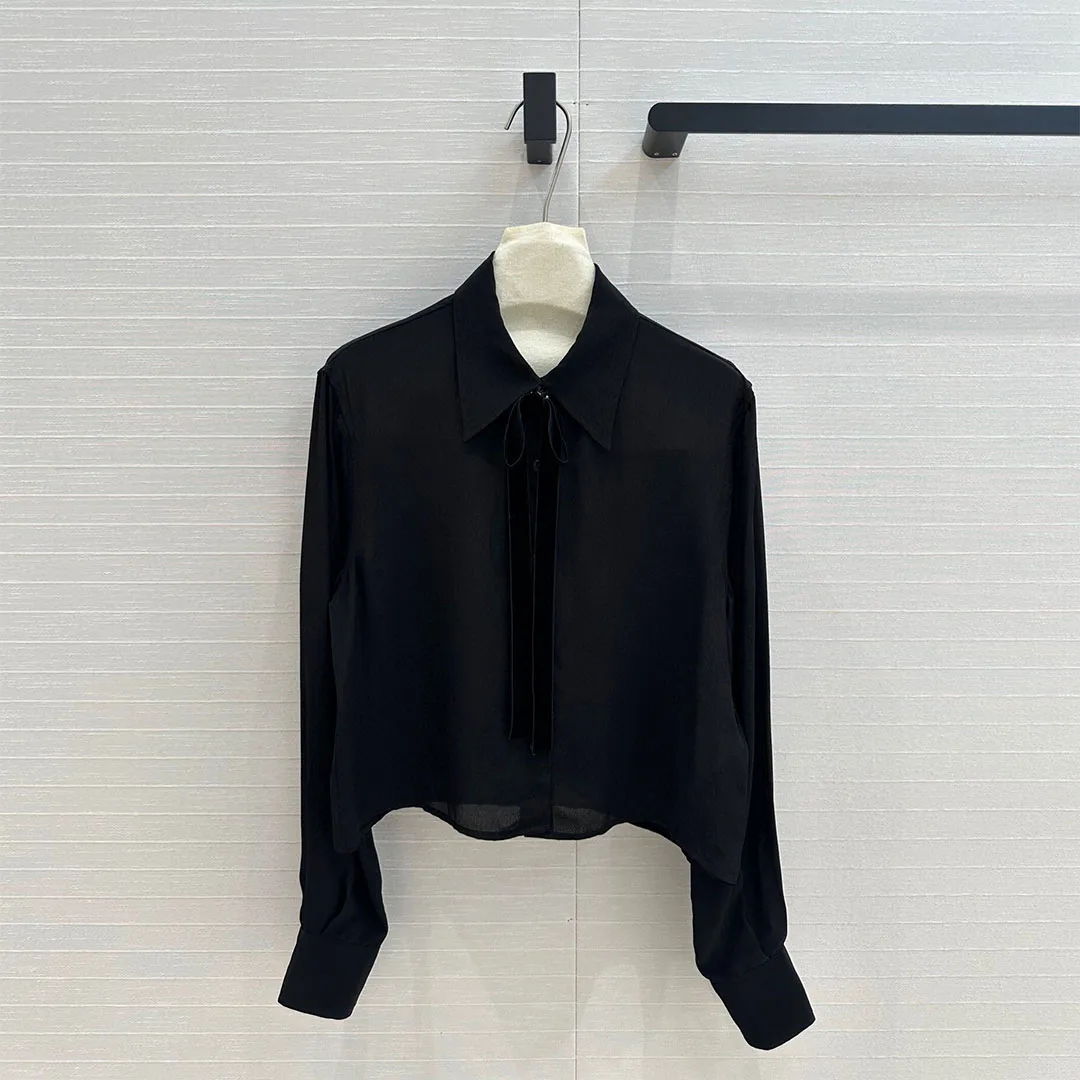 2025 New Spring Fashion Black Shirt Tops Women Preppy Style Lapel Patchwork Velvet Bow Long Sleeve Sweet Girl Short T-shirt