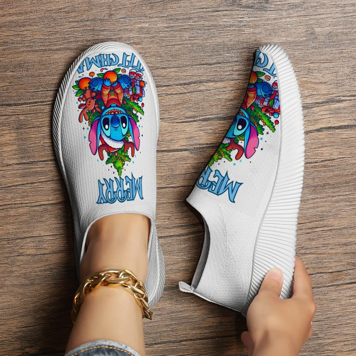 أزياء النساء أحذية رياضية غرزة عيد الميلاد الملونة الكرتون الانزلاق على ديزني المرأة أحذية رياضية أحذية المشي خفيفة الوزن #3