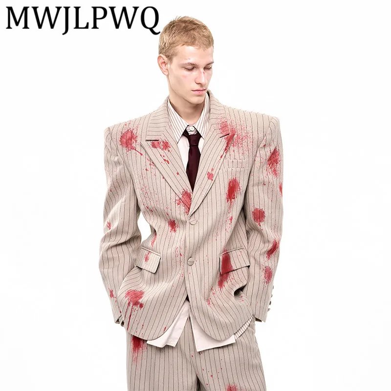 

MWJLPWQ Мужской пиджак в вертикальную полоску с ромашками на плечах, осень-зима, высококачественный мужской облегающий однобортный пиджак из искусственного кровяного пятна 12341
