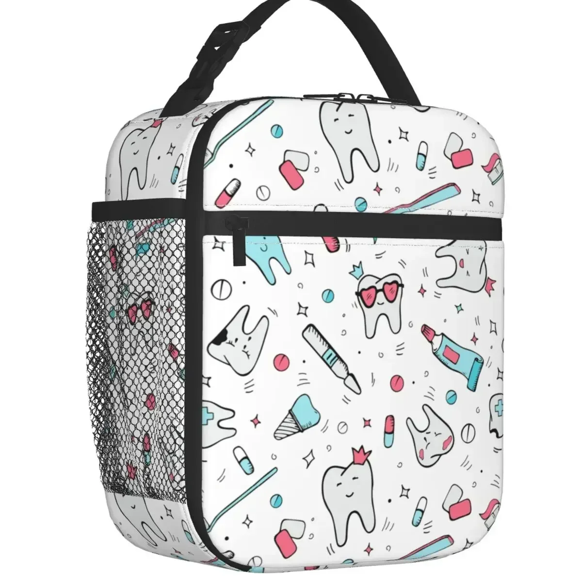 

Dentist Cartoon Pattern Insulated Lunch Tote Bag for Women Teeth Brush Portable Cooler Thermal Bento Box School