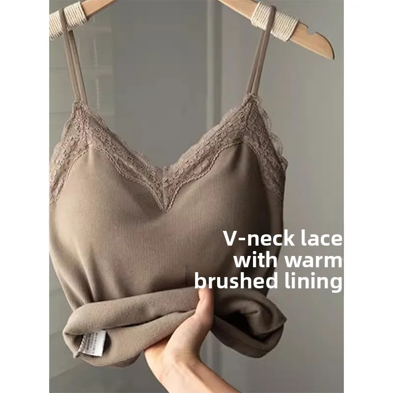 

Женская кружевная майка Csole на подкладке с v-образным вырезом, внутренняя одежда, базовый слой с накладкой на грудь, осень-зима, теплая