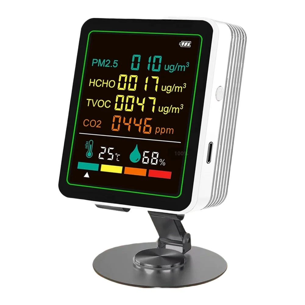 空気品質モニター 6-in-1 屋内空気品質モニター TVOC/PM2.5 温度湿度検出器スタンド 70*35*90 ミリメートル LED カラースクリーン