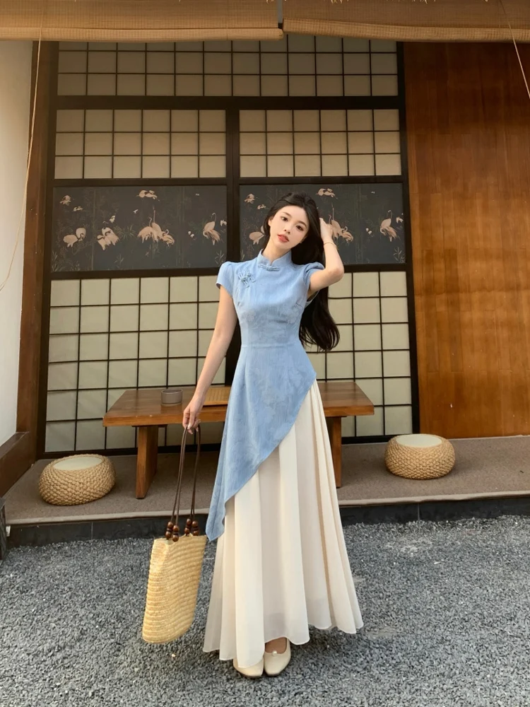

plus Size Chinese Style Short Sleeve Dress Waist Cinching Asymmetrical Splicing Button Long Dress Commute Style A-Line Skirt