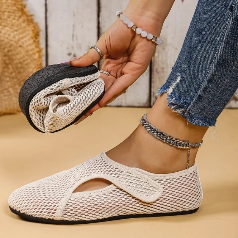 Image of Damen Mode Spitze Mesh-Loafer mit Netzstoff, Atmungsaktive Flache Schuhe mit Klettverschluss, Bequeme Freizeitschuhe zum Gehen