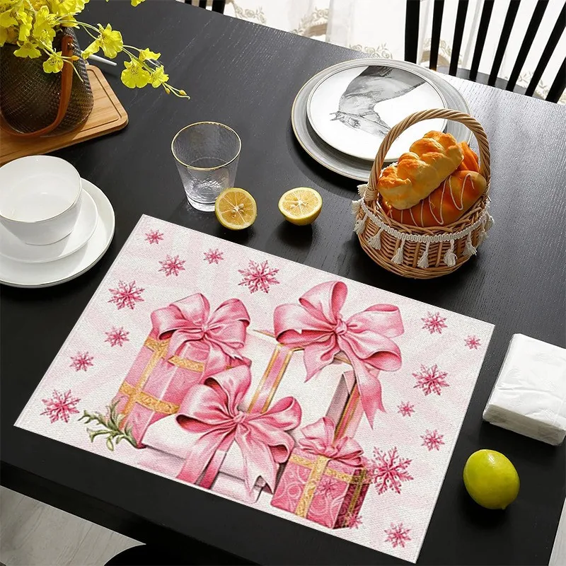 VIKAMA Linen Placemats Christmas Gift Boxes Bows Pink White, Stain Resistant Easy to Clean, Dining Table Holiday Decor