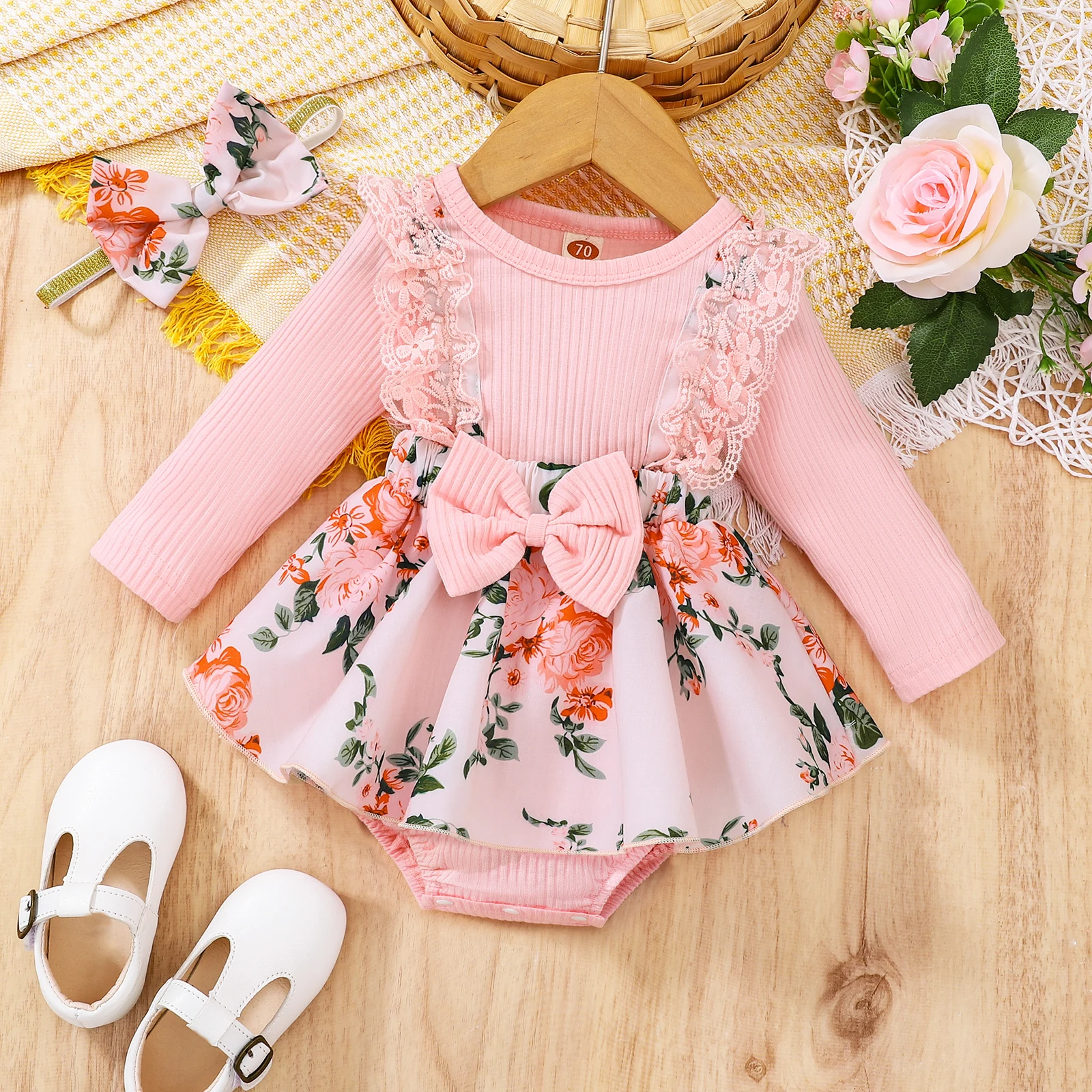 Ma&Baby 0-18M Newborn Infant Baby Girl Romper Long Sleeve Bow Lace Floral Jumpsuit Playsuit Autumn Spring Outfits D01