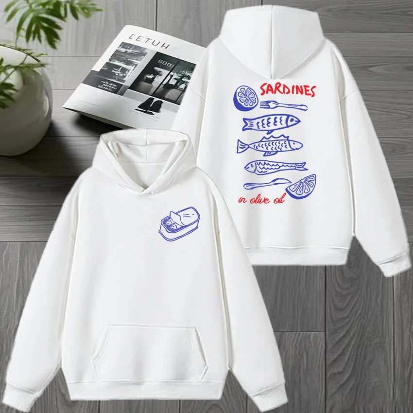 

High Quality Sardines in Olive Oil Funny Fish Double Sided print Hoodie New Unisex harajuku pullover Men women Fleece Sweatshirt